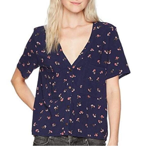 O'Neill Tops - O'Neill Women's Navy Blue Floral Short Sleeve Top Button Down Shirt Boxy XL